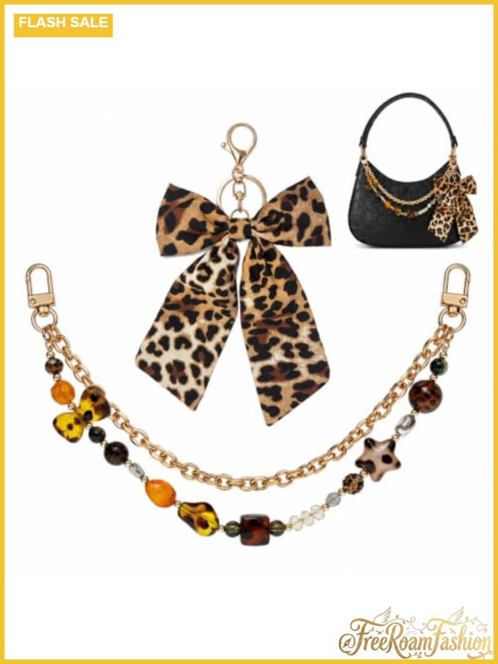 Leopard Print Bow Bag Charm Keychain Set Metal Purse Chain